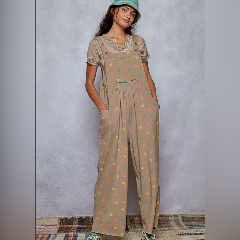082 - POL Brown Overalls with Colorful Heart Pattern NWOT - Picture 2 of 4